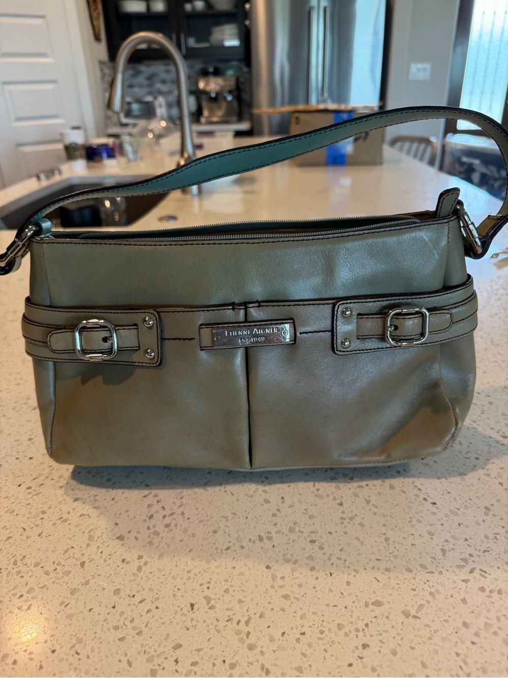 Vintage Etienne Aigner Olive Green Leather Shoulder Bag with Buckle Detail